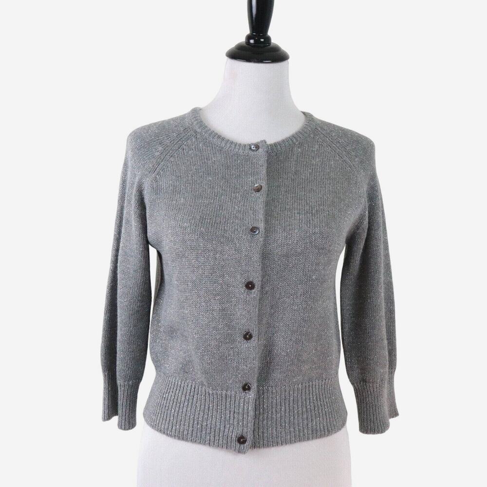 Sundance Size M Metallic Knit Crop Cardigan Sweater Button Gray - Picture 2 of 9